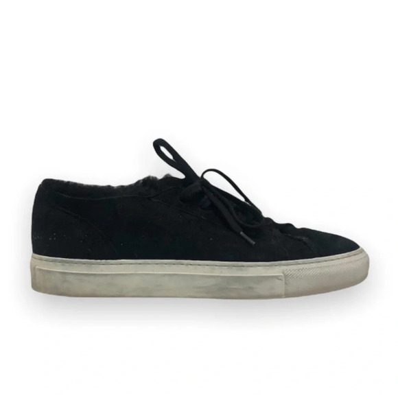 Woman by Common Projects Sherpa Suede Fuzzy Black Low Lace Up Designer Sneakers - Picture 1 of 9